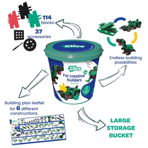 Clics Wiaderko 6w1 140 el. - Klocki konstrukcyjne - Dinozaury