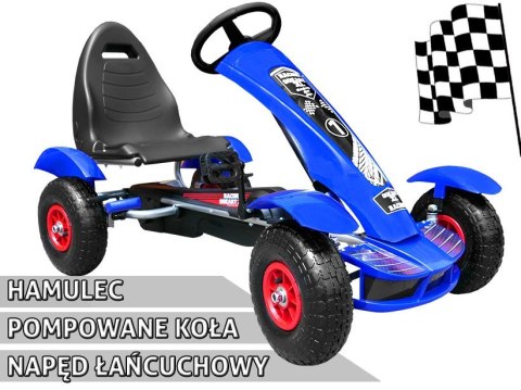 Gokart na pedały Racing XL dla dzieci 3+ Niebieski + Pompowane koła + Regulacja fotela + Wolny bieg