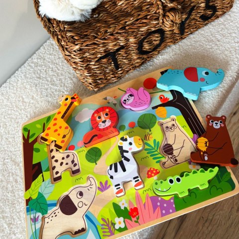 Tooky Toy Drewniane Puzzle Montessori Zwierzątka ZOO Safari Dopasuj Kształty