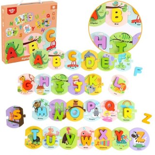 TOOKY TOY Drewniane Puzzle Montessori Układanka Nauka Alfabetu Liter Słów Alfabet Grube Klocki 26 el.