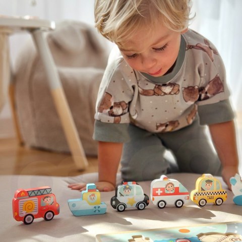 Tooky Toy Drewniane Puzzle Montessori Pojazdy Samochody Samolot Statek Miasto Dopasuj Kształty