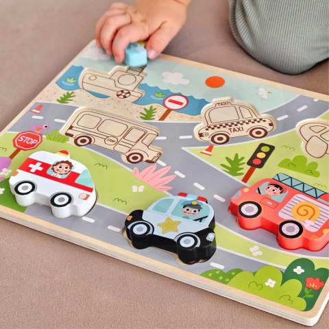 Tooky Toy Drewniane Puzzle Montessori Pojazdy Samochody Samolot Statek Miasto Dopasuj Kształty