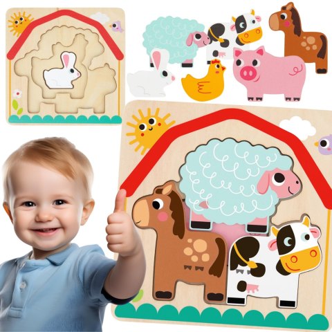 Tooky Toy Drewniane Puzzle Montessori Wielowarstwowe Tablica Zwierzątka na Farmie 7 el.