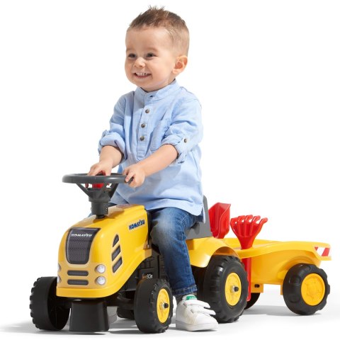 FALK Traktorek Baby Komatsu Żółty z Przyczepką + akc. od 1 roku